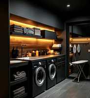 Hub de buanderie moderne et élégant avec éclairage LED, rangement intégré, laveuse/sécheuse double et douche fermée pour maisons de luxe – Organisation et rangement de la buanderie