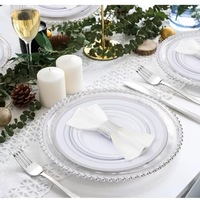 Plateaux ronds transparents en plastique avec incrustations dorées, assiettes blanches de style occidental, bordure perlée dorée, inspirées du monde des affaires, qualité supérieure