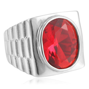 Anillo de Acero de Titanio Estilo Europeo Americano con Gema Roja Engastada en Bisel, Joyería de Moda para Mujer, Diseño Geométrico 210160 - Product Image 1