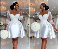 Nouvelle Robe de Mariée Manches Longues, Coupe Princesse, Col en V, Dos Nu, Longueur Genou, Grande Taille, Style Moderne, Ornée de Perles Naturelles