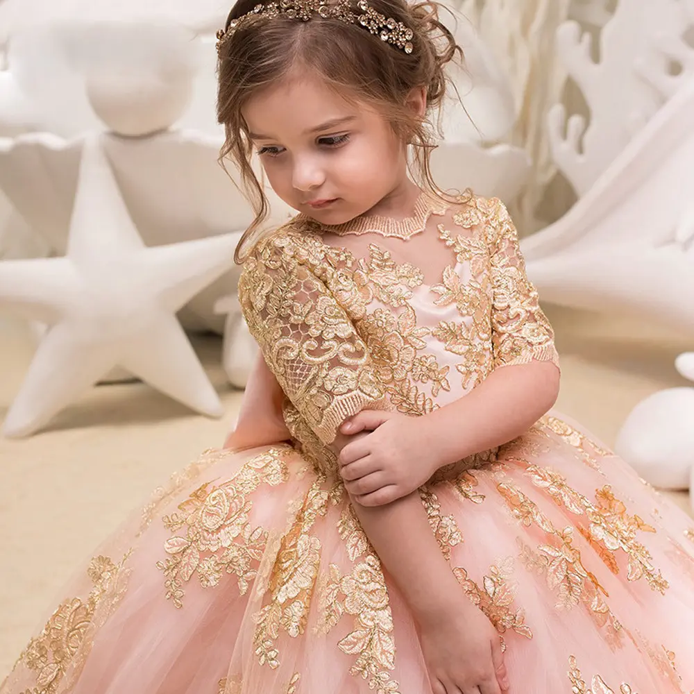 Elegant Pink Gold With illusion Half Sleeves Flower Girls Dress Lace Tulle Ball Gown Fluffy Backless Kids Wedding Dresses