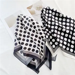 custom black white DOT design neck Scarf foulard en soie femme Square satin 65cm printed 12MM Mulberry silk scarf for womens