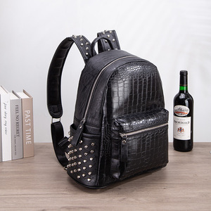 Crocodile Pattern Men's <b>Backpack</b> Black <b>Large</b> Capacity Laptop Bag With Studs Multi Functional Everyday Use - Product Image 3