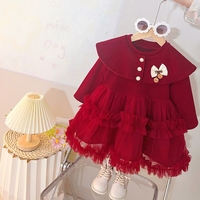 Robe de princesse pour bébé fille à manches longues, jupe moelleuse, douce, violette, à pois, en maille, robe rouge pour bébé fille
