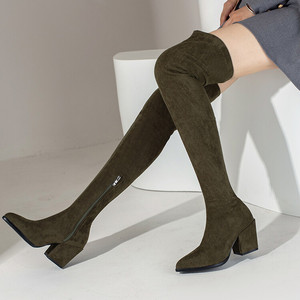Stretch Suede Long Style Thigh High <b>Boots</b> Pointy Toe Square Medium Heels Over the Knee Custom Large Size 48 Women Shoes - Product Image 3