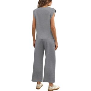FOXA Ensemble de détente 2 pièces pour femme, haut sans manches et pantalon large, tenue assortie en tricot respirant pour un usage quotidien en été - Product Image 5