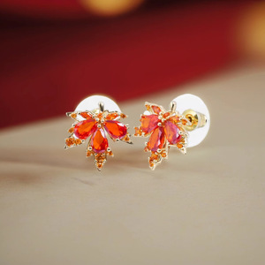 S925 Sterling Silver Maple Leaf Stud Earrings Orange Crystal Party Jewelry For Women And Men - Product Image 2