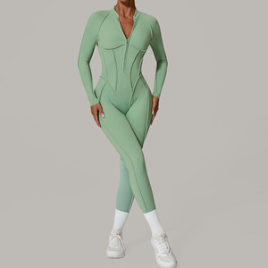 Long Sleeves Quick-Dry Four-Way Stretch Eco-Friendly Fitness One-Piece Patchwork Halter Neck V-Neck Yoga <strong>Jumpsuit</strong> - Product Image 3