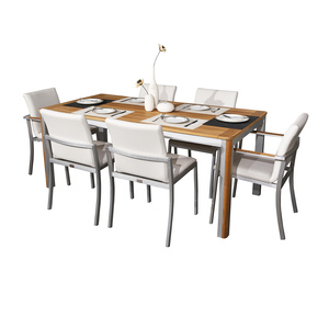 Nuevo diseño <span class=keywords><strong>de</strong></span> madera <span class=keywords><strong>de</strong></span> <span class=keywords><strong>teca</strong></span> superior <span class=keywords><strong>de</strong></span> marco <span class=keywords><strong>de</strong></span> aluminio <span class=keywords><strong>de</strong></span> 6 plazas mesa <span class=keywords><strong>de</strong></span> comedor sillas para el jardín - Product Image 3