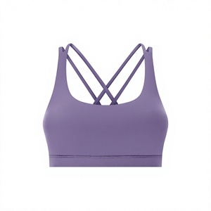 Soutien-gorge de sport sans couture pour femme, dos croisé, soutien moyen, violet uni, col rond, en Spandex et Polyester - Product Image 1