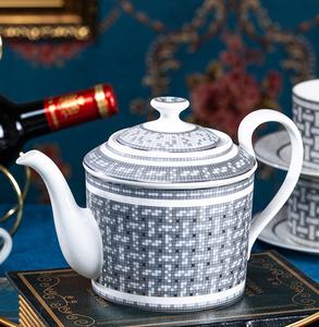 Service à café en porcelaine osseuse de haute qualité, gris, 15 pièces, mosaïque, bord doré, service à café de luxe - Product Image 2