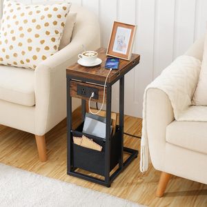 Foldable Side <b>Table</b> With Storage Basket Coffee Brown <b>C</b> <b>Shaped</b> Desk For Bedroom And Living Room - Product Image 3