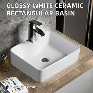 Lavabo rectangulaire moderne en céramique blanche à poser sur comptoir pour salle de bain d'hôtel et salle de bain domestique - Product Image 2