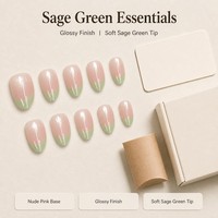 Y86 Kaixin Faux ongles à presser vert doux French Tip Cat Eyes, base rose nude, bordure French, Nail Art