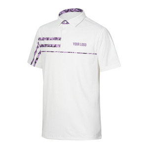 Polo à manches courtes blanc pour homme avec imprimé motif violet, séchage rapide, polyester tissé, vêtements de sport décontractés - Product Image 1