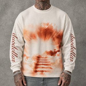 T-shirt a maniche lunghe in maglia waffle OEM ODM, con stampa personalizzata a goccia d'inchiostro, stella e fiamma, spalle scese, da uomo - Product Image 4