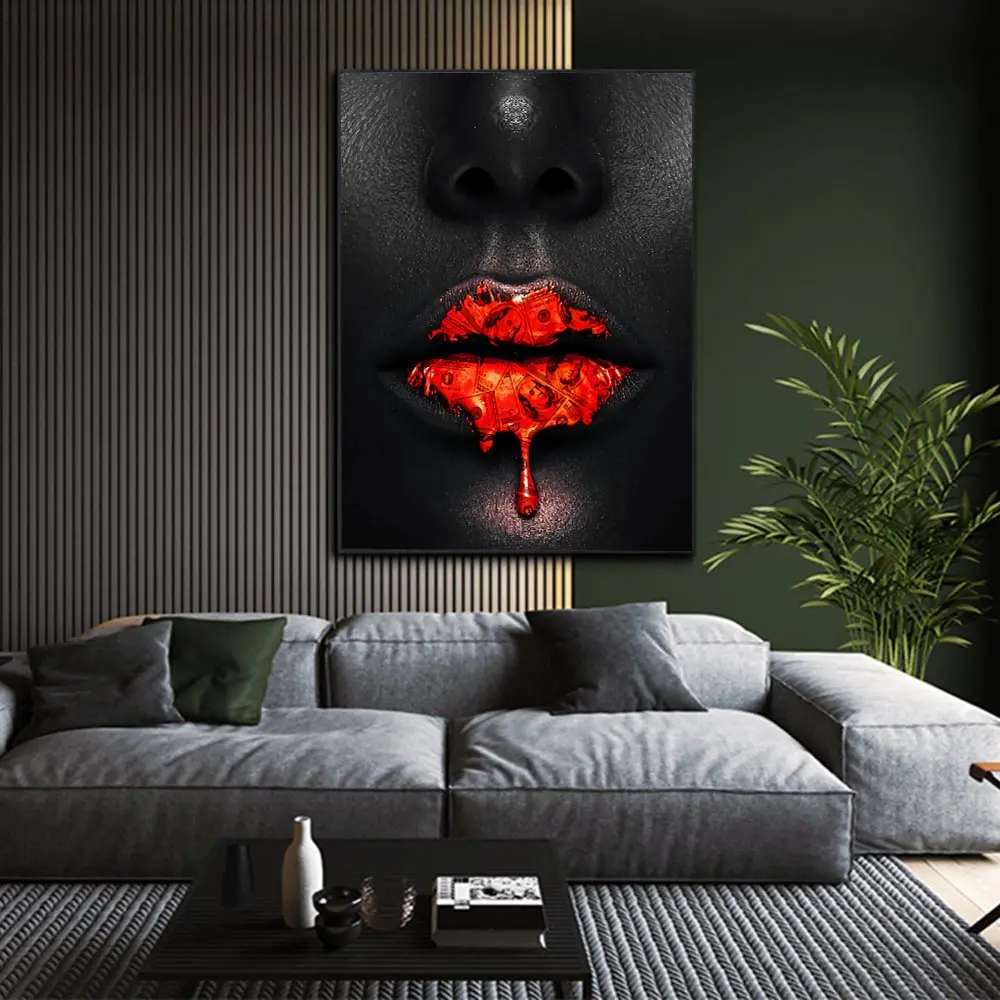 Yaratıcı kırmızı dudaklar dolar damla tuval boyama sanatı siyah afrika kadın dudak tuval duvar tablosu