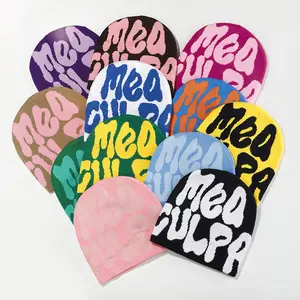 Atacado Logotipo Personalizado Inverno Quente Cuffless Crânio Cap Mea Jacquard Acrílico Malha Beanie Chapéus