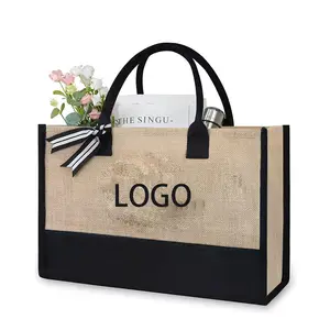 jute packaging beach bag with oem customized hessian jute bag with zipper inside