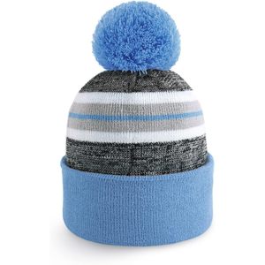Stripe Beanie Hat With Pom Pom Winter Knit Cap For Men And Women Outdoor Ski Cap Keep Warm Blue Gray <b>White</b> <b>Acrylic</b> - Product Image 1