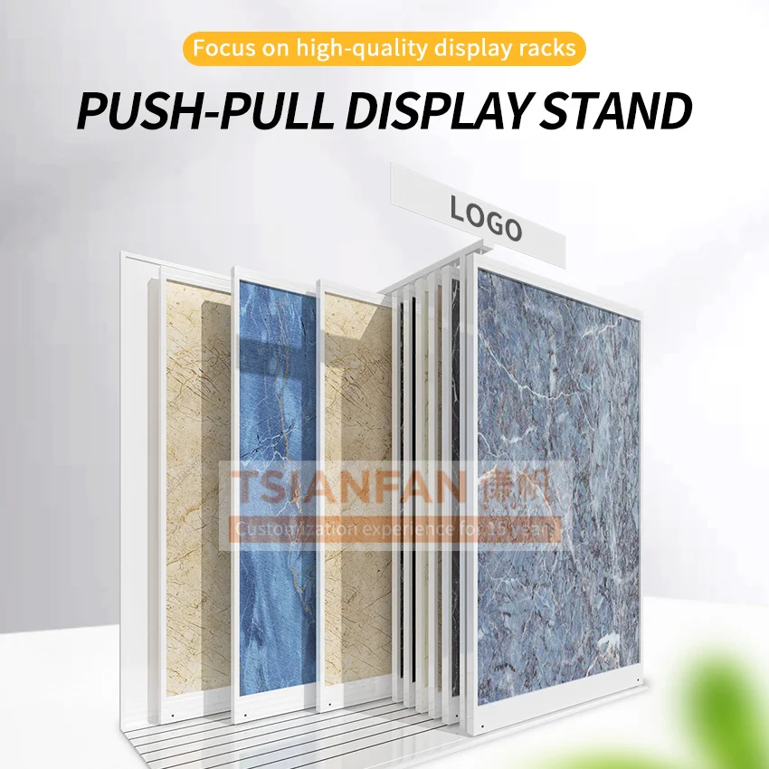 Tsianfan Custom Showroom Pull-Push Ceramic Tile Slide Stand Wood Floor Display Sintered Stone Sliding Metal Granite Display Rack