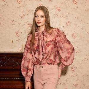 Blusa elegante de oficina para mujer, gasa Floral rosa con lazo, cuello abullonado, manga larga, estilo Vintage para <span class=keywords><strong>vestido</strong></span> informal de verano - Product Image 2