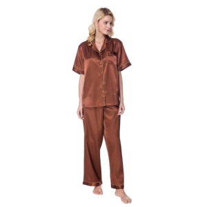Luxury Satin Brown <strong>Button</strong> Down PAJAMA Sets for Women Cooling <strong>Dressing</strong> <strong>Gown</strong> with Thermal Features for Daily Life Summer Sleep - Product Image 2