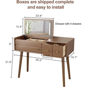 40 Inch Solid Oak Log Color Midcentury Convertible <strong>Dressing</strong> Vanity <strong>Table</strong> <strong>Set</strong> 4 Drawers LED <strong>Mirror</strong> Lights Bedroom Use SZT006 - Product Image 5