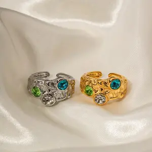 Stainless Steel Jewelry Adjustable Chunky Dome Hammered Colorful Stone Ring Gold Silver Big Stone Ring Designs for Women