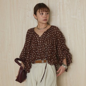 Nouvelle Blouse d'été 2026 en Chiffon à Pois, Style Chic Français, avec Volants Épais, Manches Longues et Taille à Nouer, Élégante Chemise Marron - Product Image 1