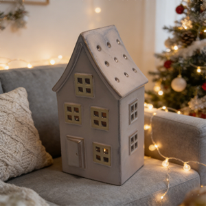 Décoration de <span class=keywords><strong>chalet</strong></span> en céramique avec toit givré et lumière LED - Accent saisonnier pour l'hiver et les fêtes - Product Image 1