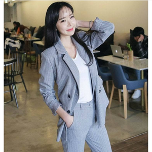 Completo da Lavoro OL 2 Pezzi, Giacca Blazer a Righe <span class=keywords><strong>Doppiopetto</strong></span> e Pantaloni con Zip, Completo Femminile Primaverile - Product Image 5