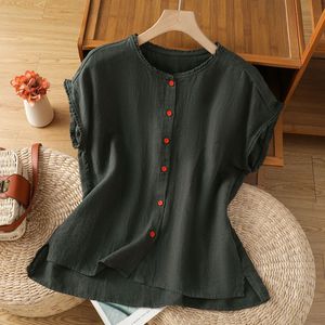 Pink Cotton Linen Blouse Women Short Sleeve Button Front Vintage Style Everyday Shirt - Product Image 3