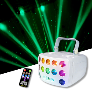 ไฟดิสโก้ LED แบบขายส่ง สำหรับงานดีเจ รูปทรงผีเสื้อ 3in1 RGBW เลเซอร์ สโตรบ DMX512 รีโมทคอนโทรล ค่า CRI สูง <span class=keywords><strong>90</strong></span> เหมาะสำหรับงานแต่งงาน ปาร์ตี้ คลับ บาร์ ร้านคาราโอเกะ - Product Image 1