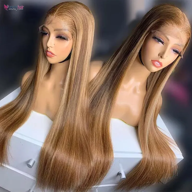 Pelucas de cabello humano con frente de encaje HD 13x4 de color rubio resaltado para mujer, peluca frontal de encaje transparente HD recta de Malasia