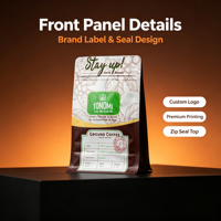 Sacs à café en aluminium à fond plat, imprimés en héliogravure personnalisés, résistants à l'humidité, avec fermeture éclair et dégazage, 250g, 500g, 1kg
