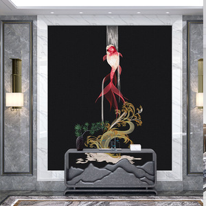 Papier peint brodé Ke Hong, l'Empereur d'Or, Poisson sautant au-dessus du Portail du Dragon, Nouveau style chinois, Murale décorative pour la maison - Product Image 1