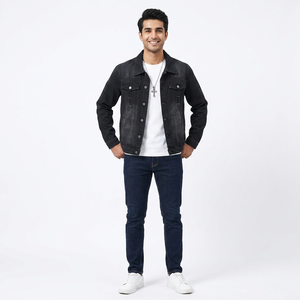 Vente en gros Veste en jean pour garçon Veste pour homme en denim noire avec rabat boutonné et déchiré - Product Image 1