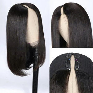 Perruque Bob <span class=keywords><strong>V</strong></span>-Part en cheveux humains ondulés de 8 à 14 pouces, avec mécanisme en <span class=keywords><strong>V</strong></span> transfrontalier euro-américain et bonnet, noire - Product Image 4
