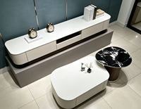 Meuble TV moderne minimaliste en bois massif durable avec étagère de rangement, poignée de traction, support au sol, multifonctionnel pour téléviseurs 65+ pouces, blanc, pour la maison