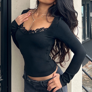 Camiseta de manga larga ajustada con cuello en U y patchwork de encaje, estilo callejero, estilo sexy y atrevido, estilo puro y sensual. - Product Image 3