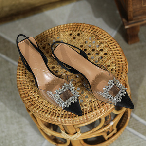 Sandali con <span class=keywords><strong>Tacco</strong></span> Alto e Fibbia Quadrata con Strass, Punta Trasparente alla Moda per Donne, Tacchi Sottili Estivi - Product Image 2