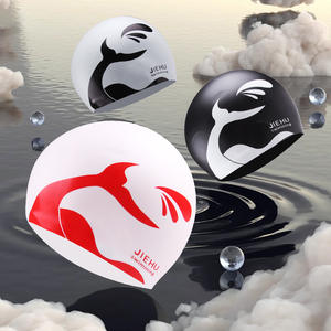 หมวกว่ายน้ำซิลิโคน Jiehu ไซส์ใหญ่ ยืดหยุ่นได้ สำหรับผู้ใหญ่ ชาย หญิง ผมยาว หมวกดำน้ำลายพิมพ์ - Product Image 5