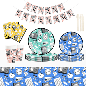 DAMAI Geometric Theme Disposable Dessert Dinner <b>Paper</b> Plates Cups Napkin Back to School Tableware Set for Party Supplies - Product Image 1