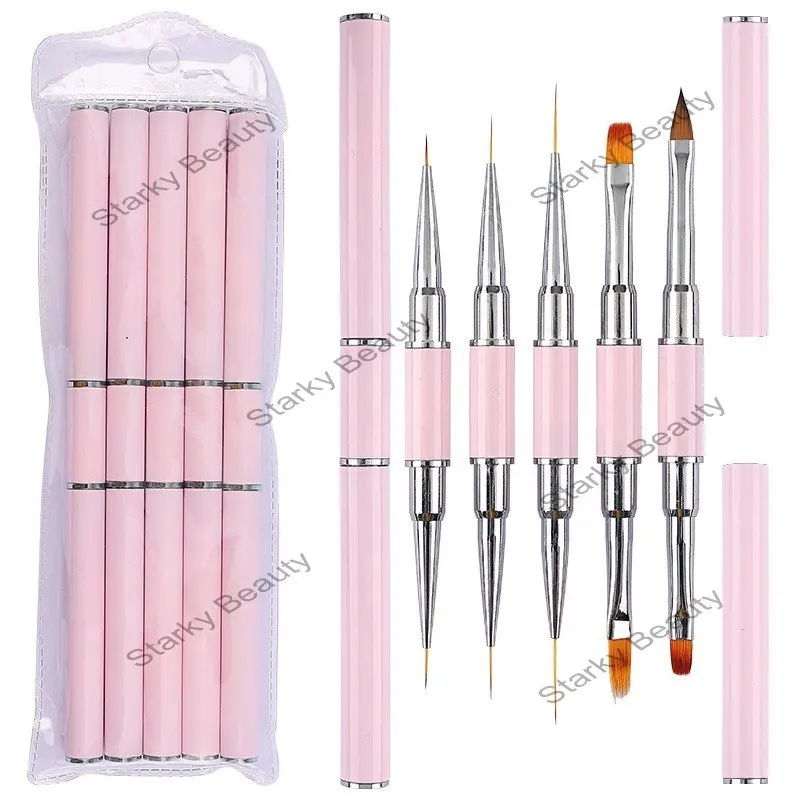 Custom Logo Double-head nail Art Uv Gel Drawing Liner Brush Nylon Metal Handle Nail Brush Dotting Pen