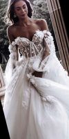 Robe de mariée à épaules dénudées à manches longues et à cœur brillant, robe de mariée en dentelle appliquée, robe de mariée de princesse Disney avec tulle scintillant