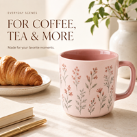 Tasse en porcelaine personnalisée pour commande en gros, motif botanique rose poudré, glaçure intérieure rose brillante, pour café, thé, décoration de cuisine
