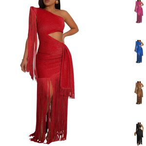 เดรสยาวทรงเอไลน์แบบไม่สมมาตรประดับพู่ไหล่เฉียงสำหรับฤดูร้อน สไตล์เซ็กซี่  กระชับรูปร่าง  ลำลอง  หรูหรา - Product Image 1