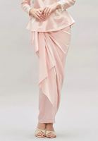 Set Baju Kurung Satin Solid Elegan Kancing Mutiara Lengan Panjang Rok Draped Islami untuk Wanita Pakaian Formal Festival Sopan
