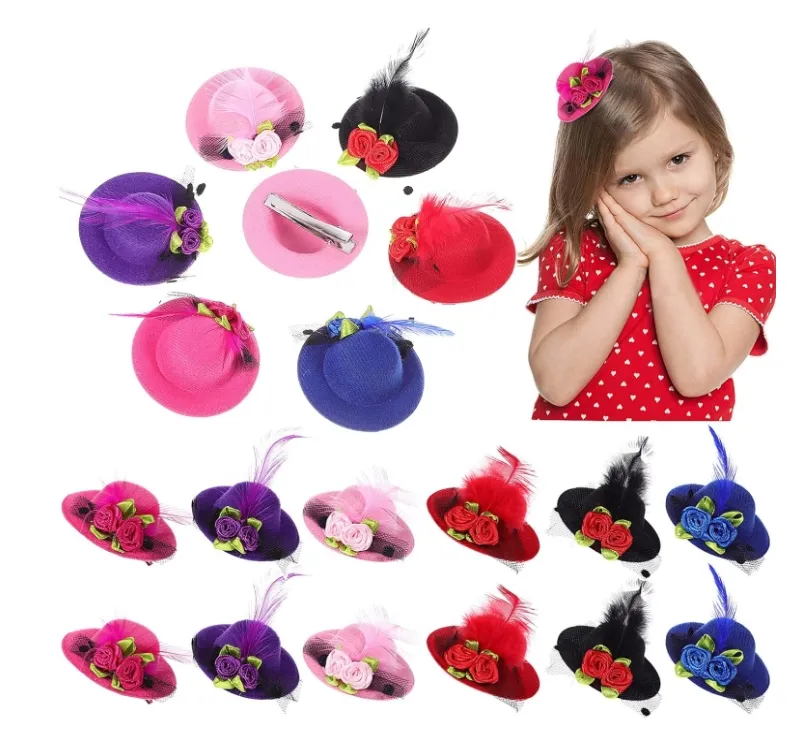 Tea Party Hats for Little Girls Mini Hat Clips Mini Top Hat Hair Clips Fascinator Decorative Faux Mesh Bow Hair Barrette Hair